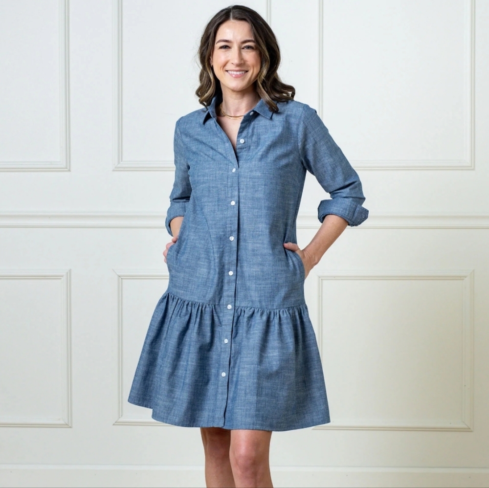 Hope & Henry Organic Cotton Drop Waist Chambray Button-Up Denim Blue Dress 10